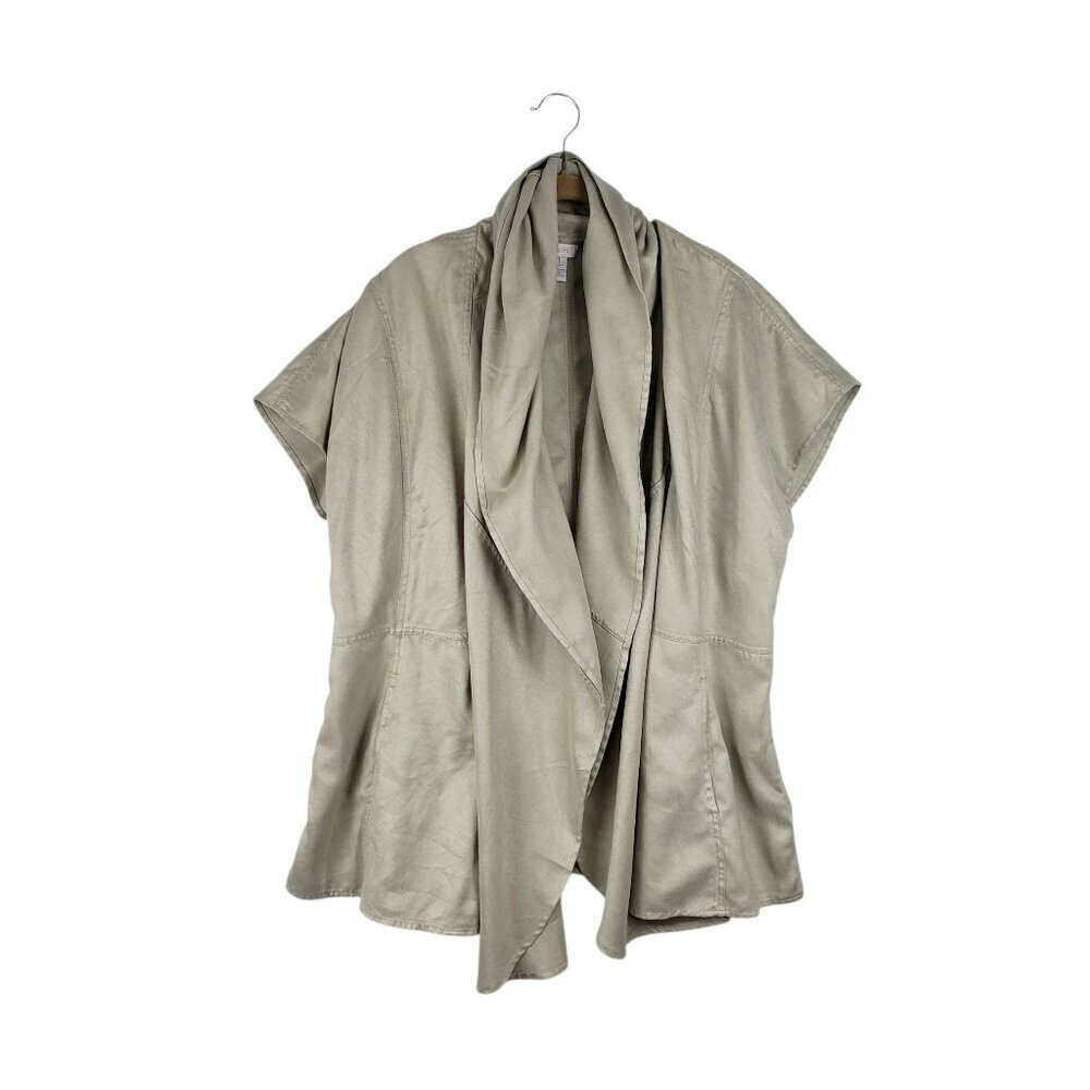 Chicos Faux Suede Vest Jacket Open Front Longline Drape Sleeve Beige Size 1 US M